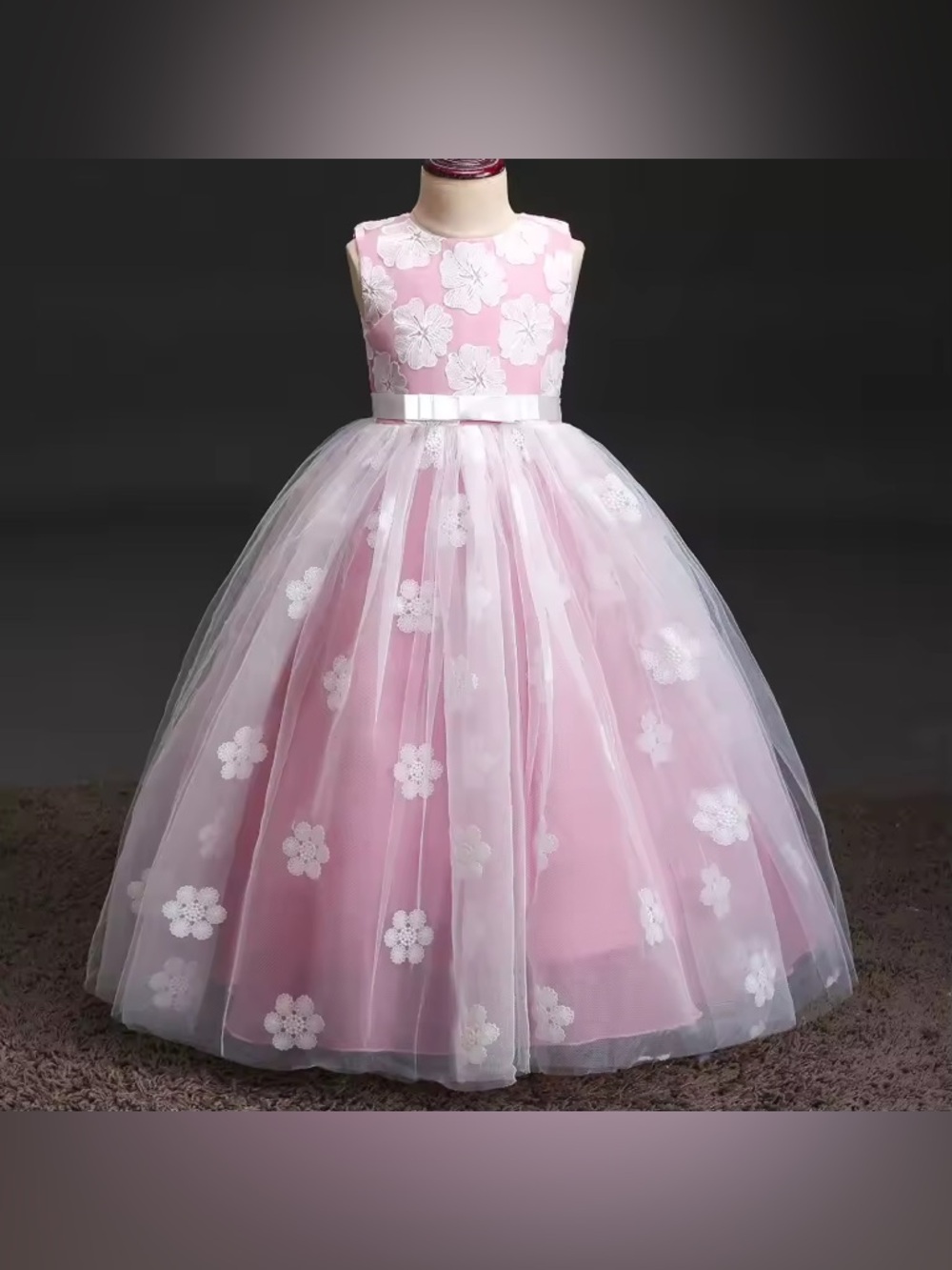 Elegant Pink Floral Tulle Girls' Dress with Satin Bow